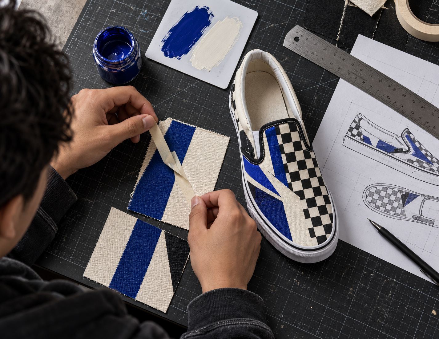 A student mixing acrylic paint on a palette beside color swatches and a white sneaker