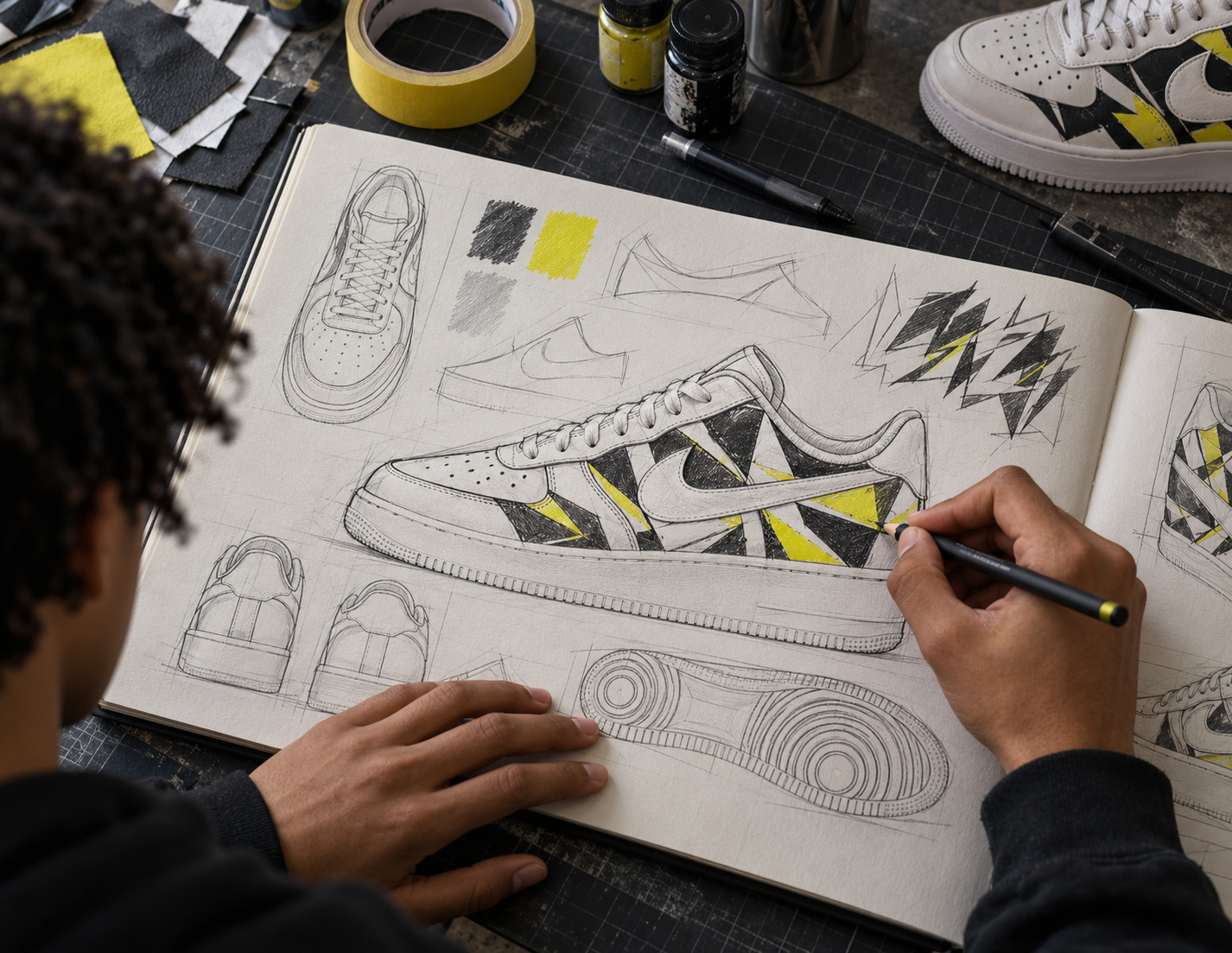 An open sketchbook showing a pencil sketch of a sneaker design, a pencil resting on the page