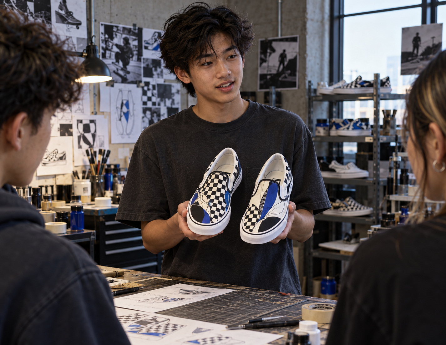 A smiling student holding up his finished pair of custom-painted sneakers