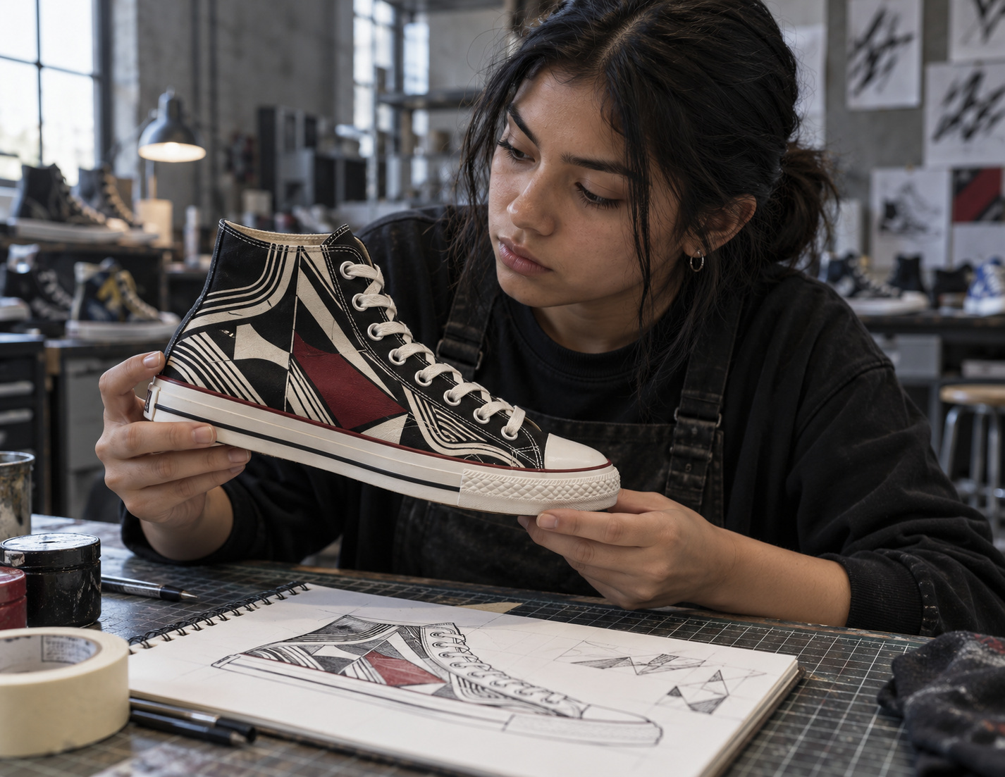 A student concentrating as she adds a blue brushstroke to a half-painted high-top