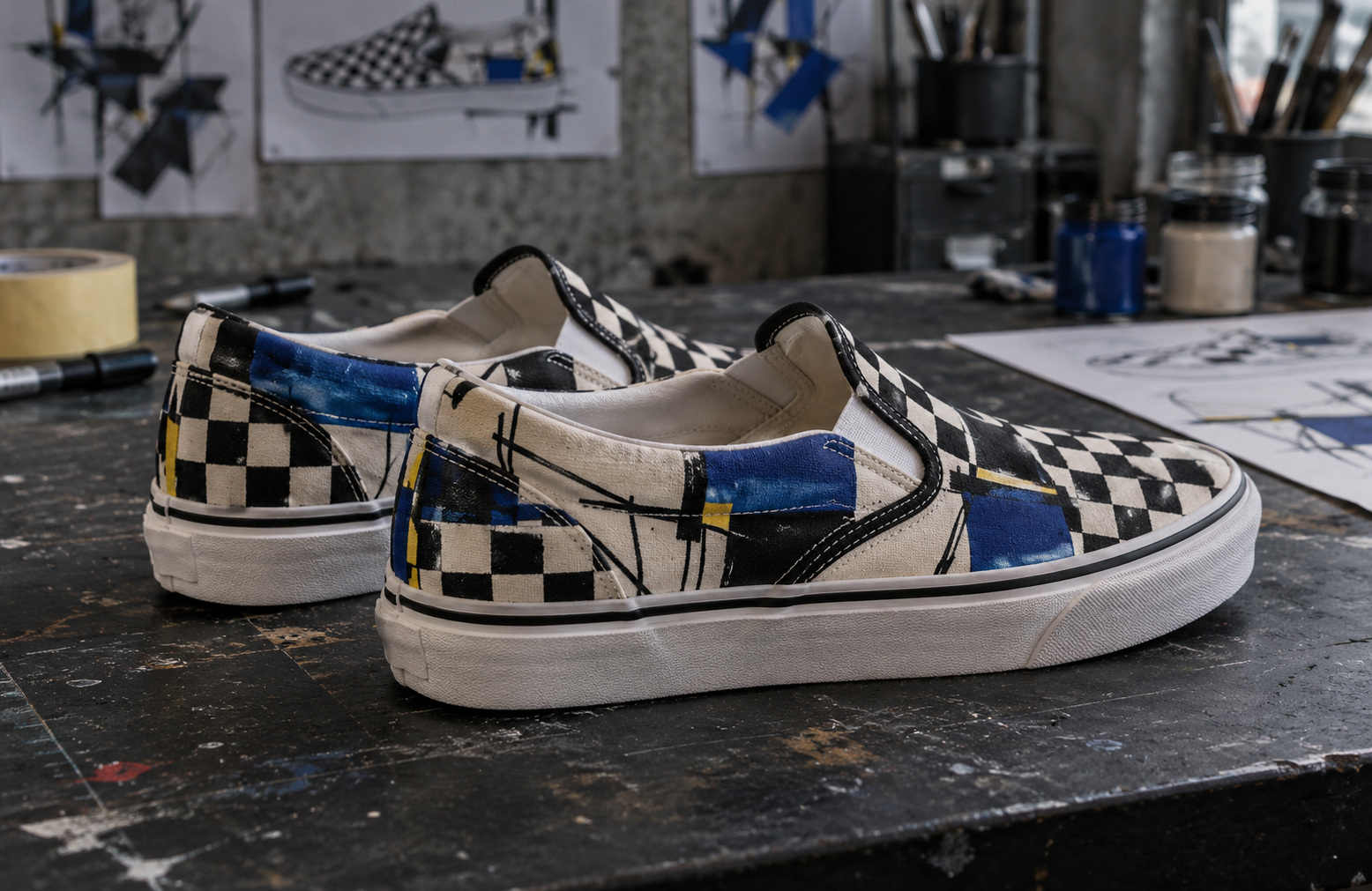 Two finished custom-painted sneakers side by side, one reading Same Stories Bigger Futures under a yellow crown
