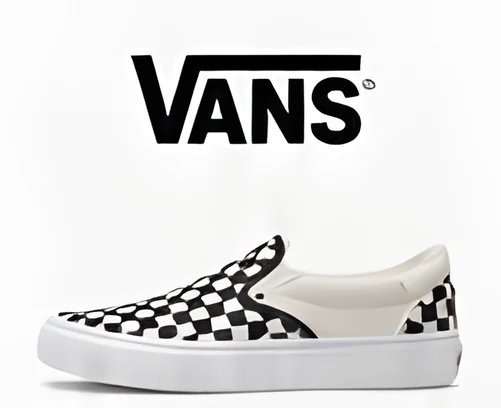 Vans logo above a checkerboard Vans slip-on sneaker