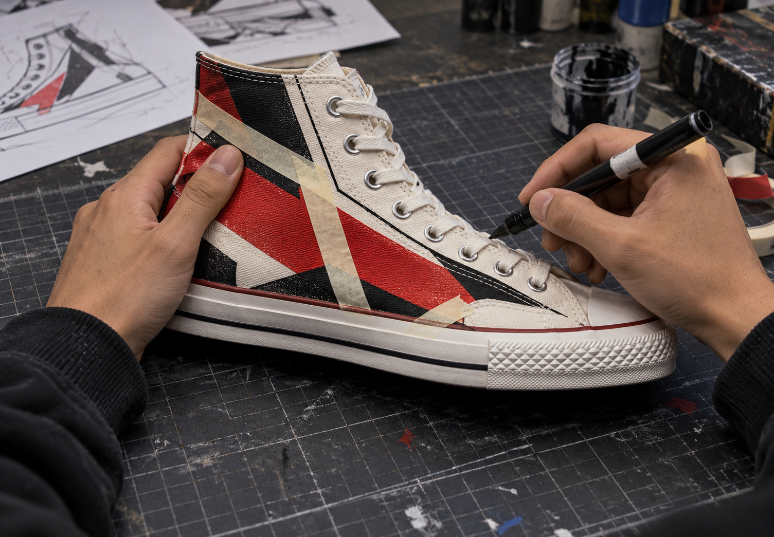 Student carefully painting a blue design onto a white high-top sneaker